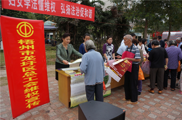 龍圩區(qū)總工會(huì)在2015年3月開(kāi)展迎“三八”婦女維權(quán)月普法活動(dòng)，以“婦女法治懂維權(quán)，頌揚(yáng)法治促和諧”為指導(dǎo)思想，開(kāi)展了以“